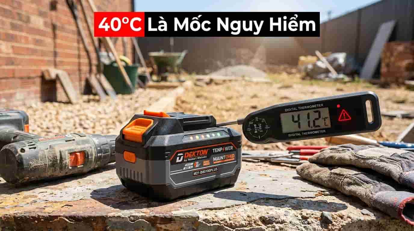 Nhiệt kế hiển thị trên 40 độ C cạnh bộ pin Lithium ngoài trời