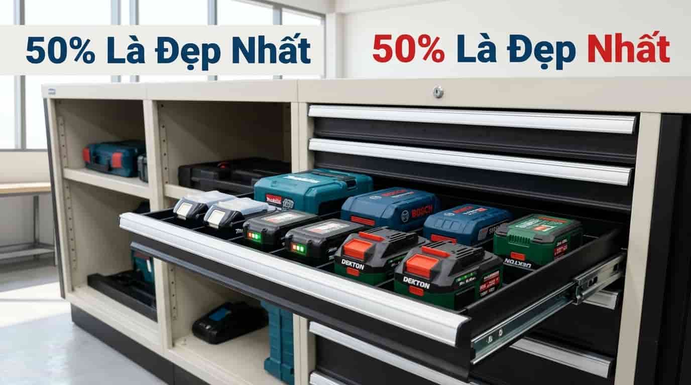 Các bộ pin Lithium được lưu trữ ở mức dung lượng phù hợp trong tủ dụng cụ