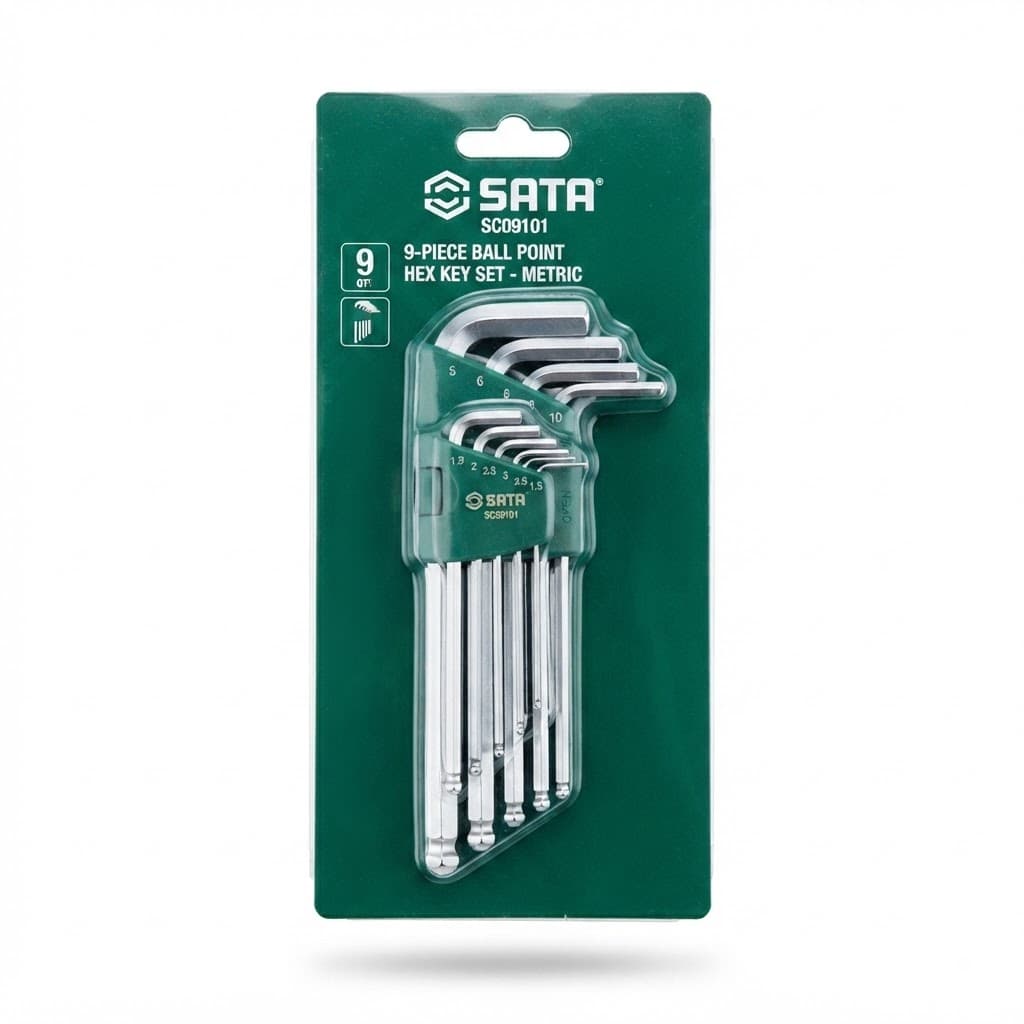 Bộ Lục Giác Đầu Bi Loại Dài 9 Chi Tiết Hệ Mét SATA SC09101 (09101) - Chính Hãng, Thép Cr-V, Độ Bền Cao
