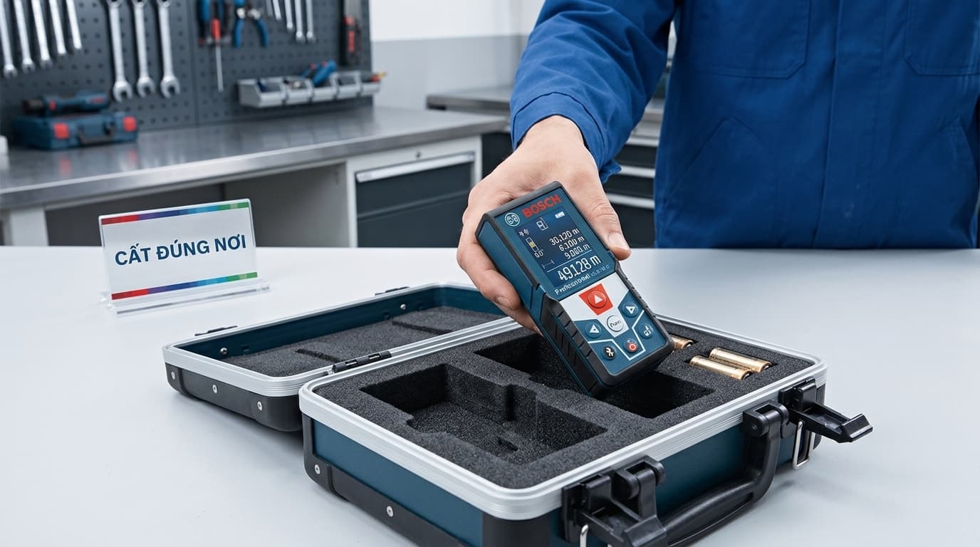 Bảo quản máy đo laser Bosch trong hộp chuyên dụng sau khi sử dụng.