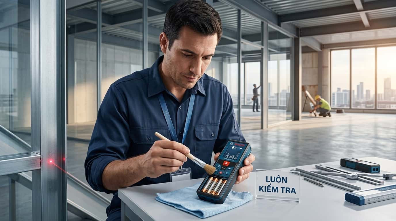 Kiểm tra và bảo quản máy đo laser đúng cách giúp duy trì độ chính xác.