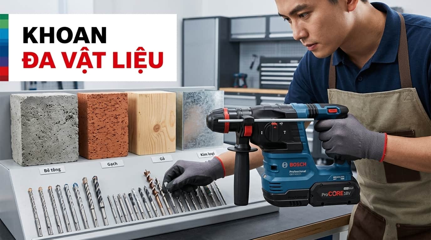 Bosch GBH 18V có thể làm việc trên nhiều loại vật liệu khi kết hợp đúng mũi khoan và chế độ phù hợp.