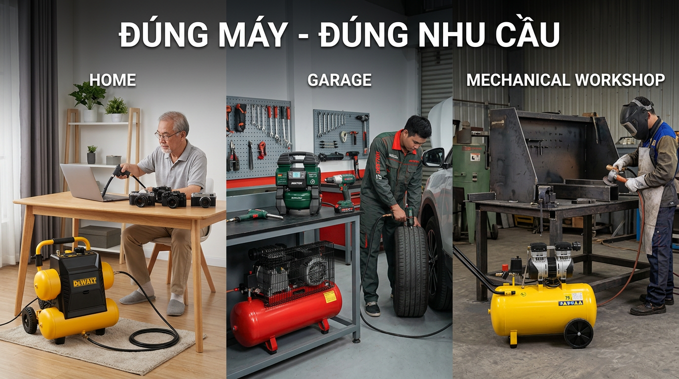 Các dòng máy nén khí phù hợp với từng nhu cầu sử dụng.