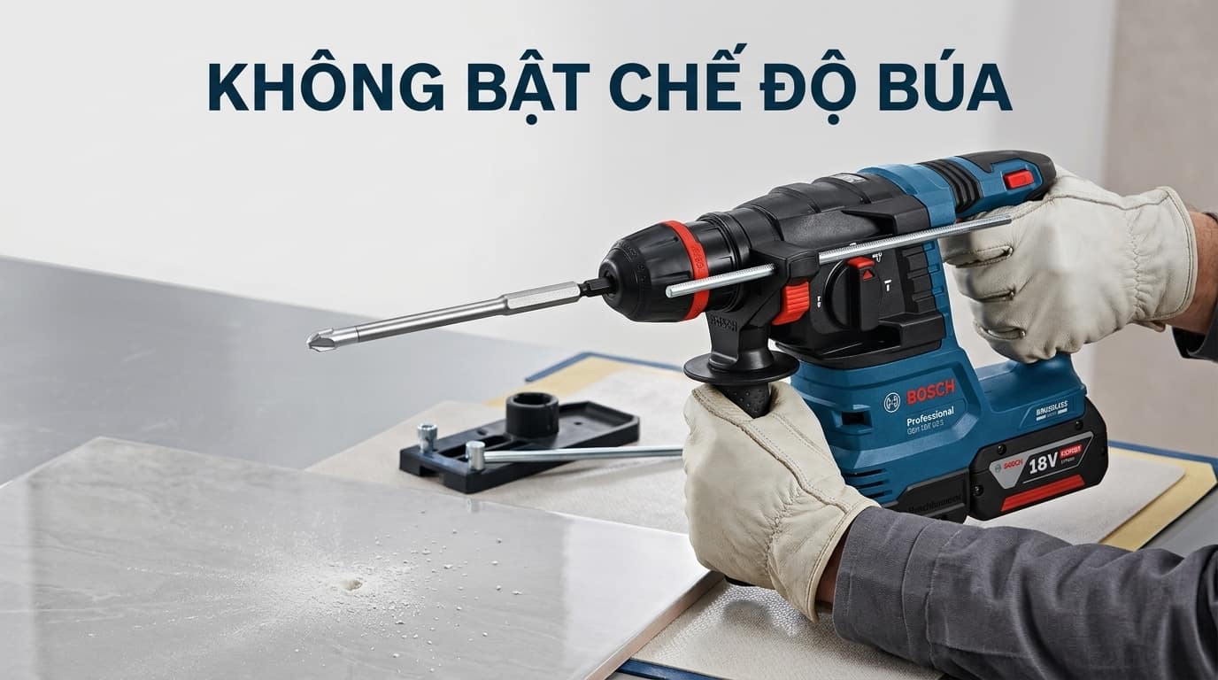 Giữ máy vuông góc, khoan không búa và dùng lực tì vừa phải để hạn chế nứt gạch Porcelain.