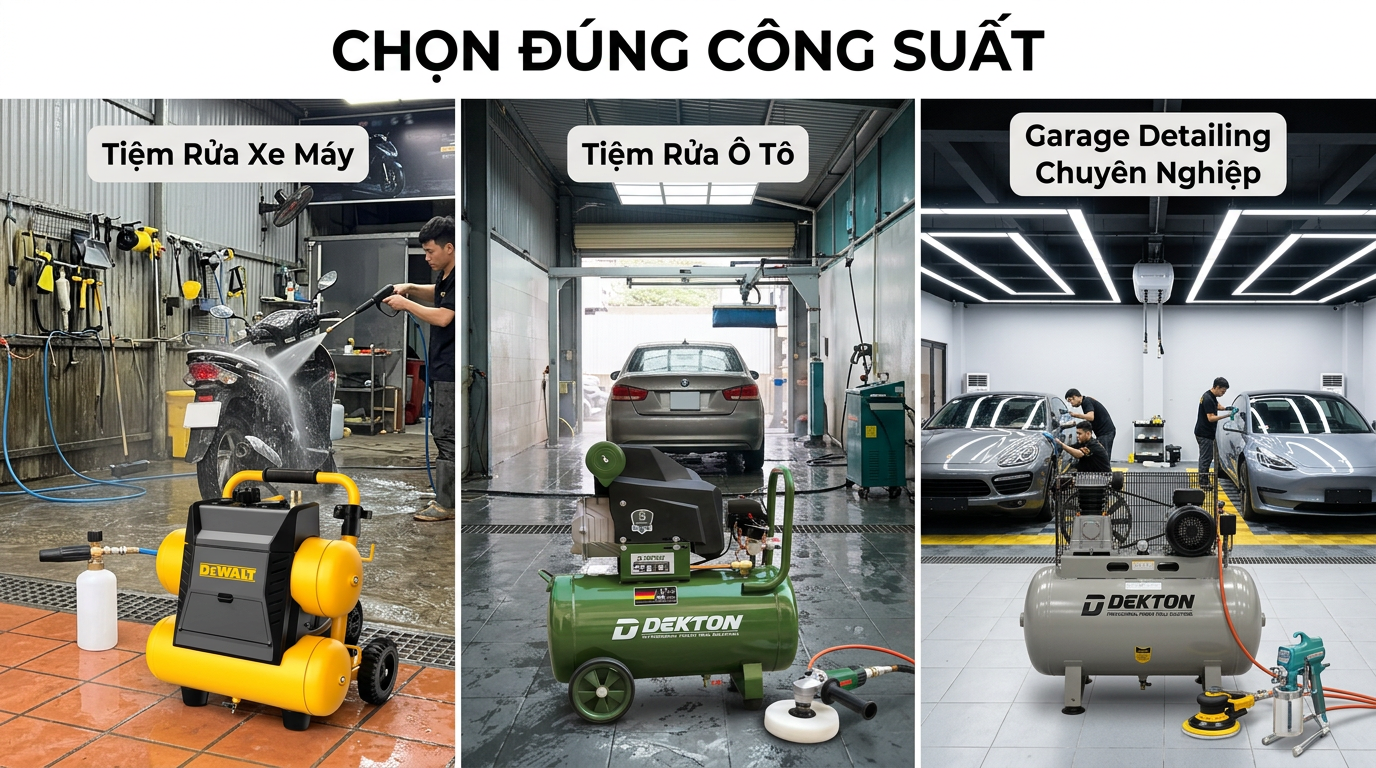 Lựa chọn máy nén khí phù hợp theo quy mô tiệm rửa xe.