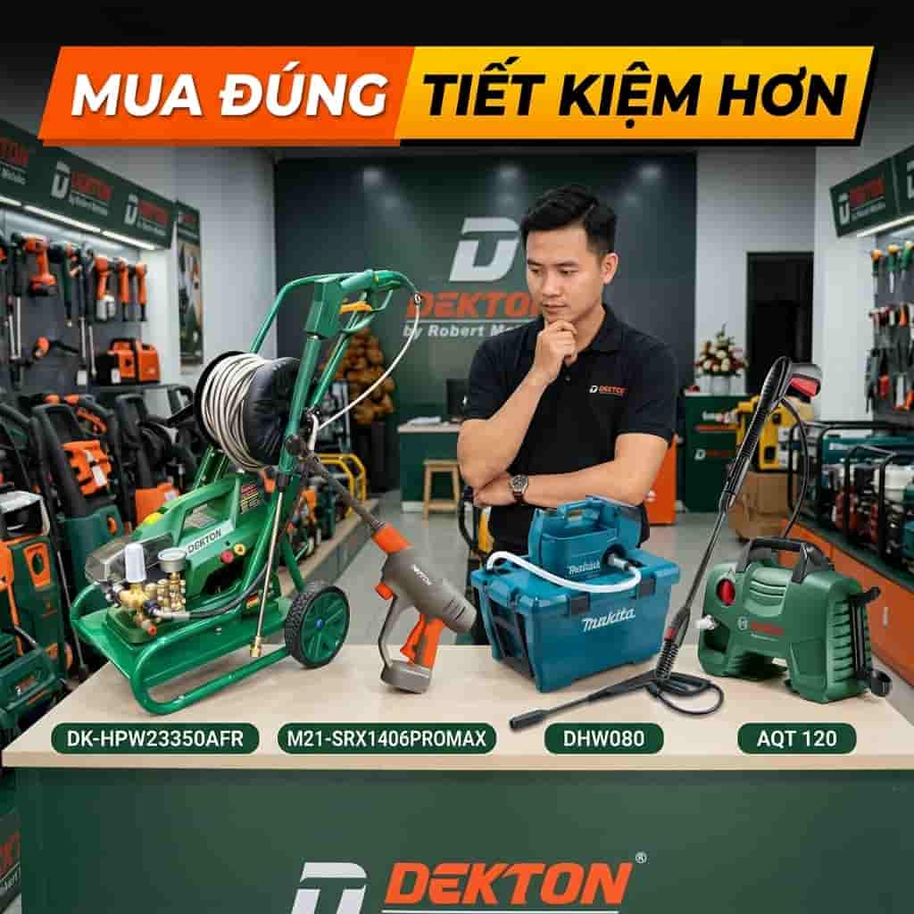 Người dùng đang lựa chọn máy rửa xe phù hợp cho gia đình