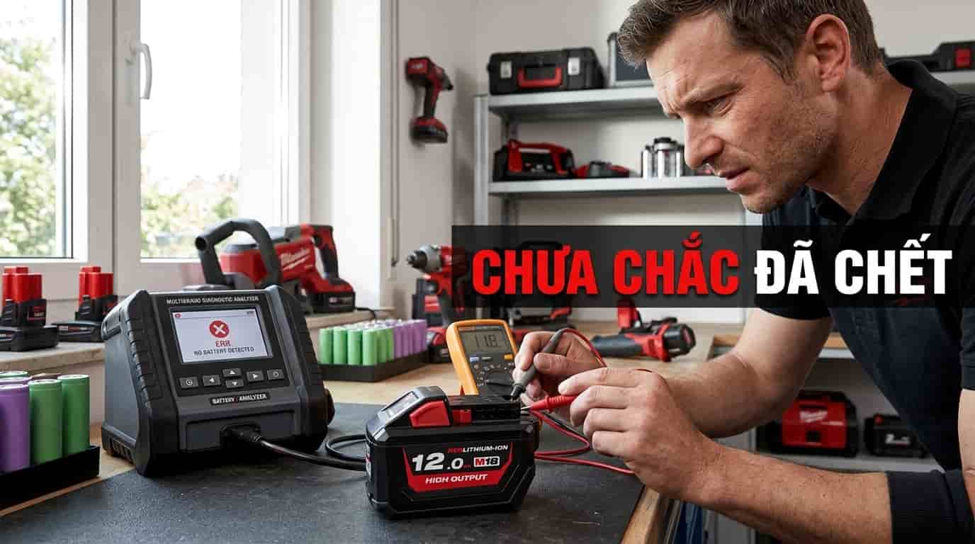 Người thợ kiểm tra bộ pin Lithium lâu ngày không sử dụng và không nhận sạc