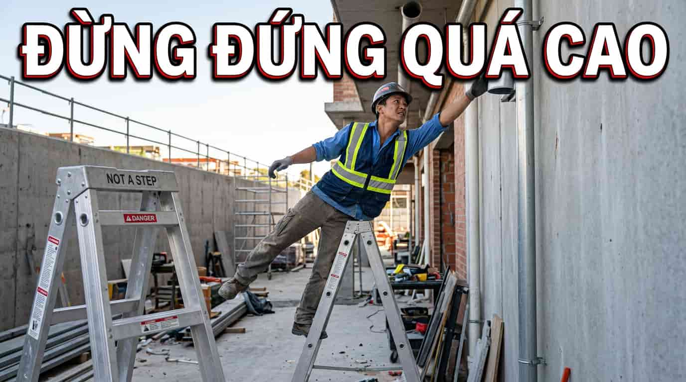 Đứng trên bậc cao nhất của thang nhôm rất nguy hiểm