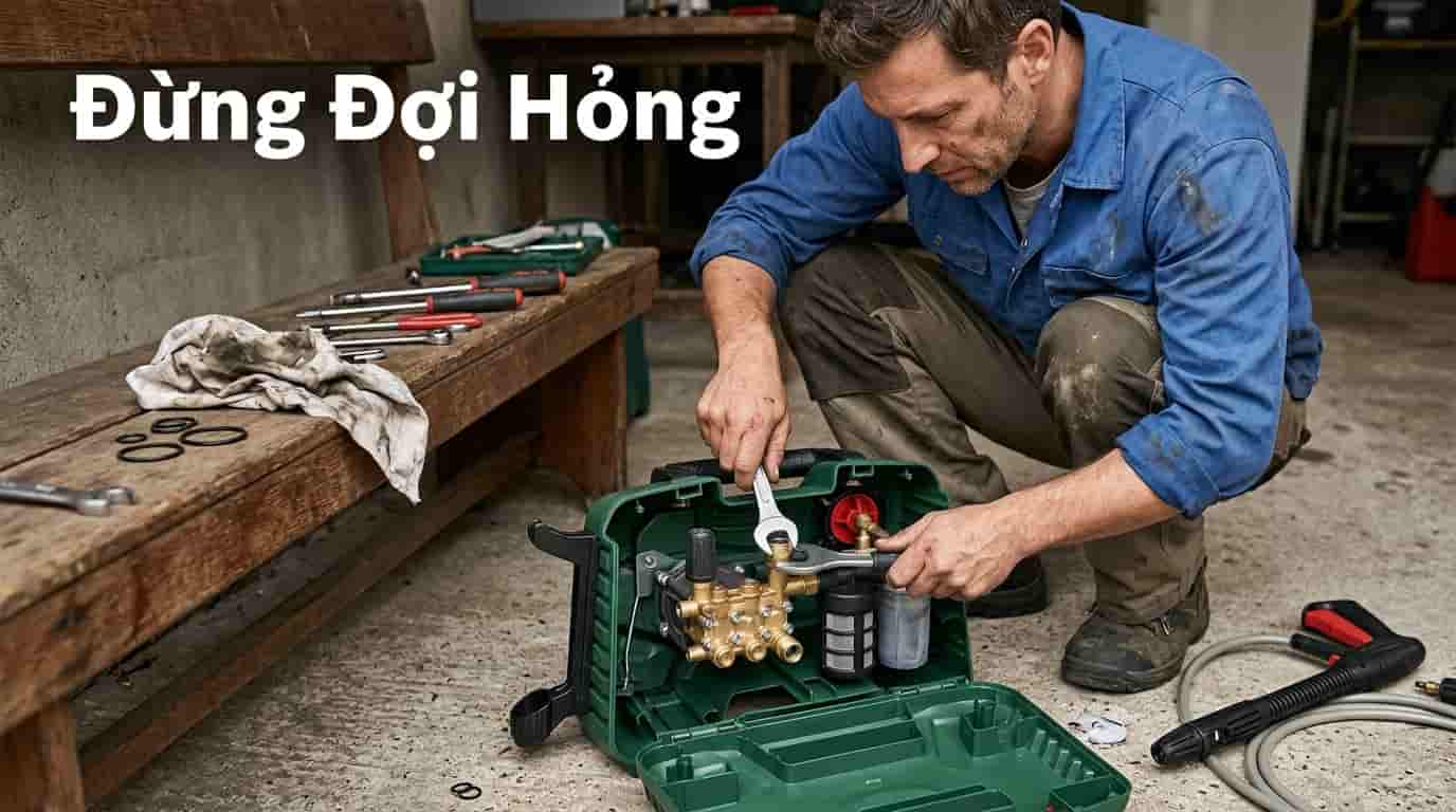 Kỹ thuật viên bảo dưỡng định kỳ máy rửa xe gia đình
