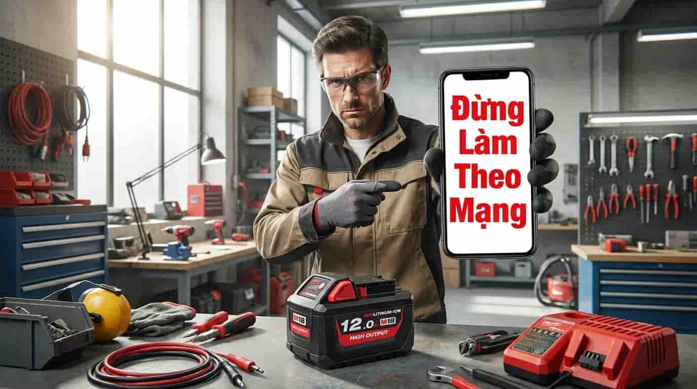Minh họa cảnh báo rủi ro khi tự ý kích pin Lithium tại nhà