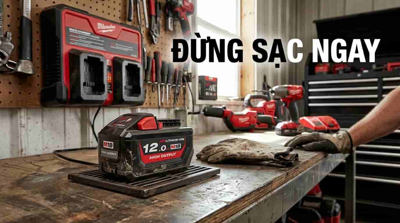 Người thợ đặt bộ pin Lithium nghỉ trước khi sạc sau khi làm việc