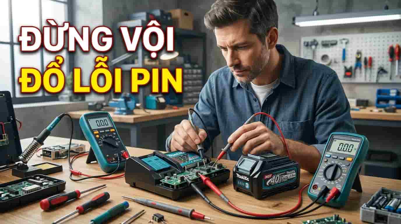  Người thợ kiểm tra pin máy khoan và bộ sạc để xác định nguyên nhân pin yếu