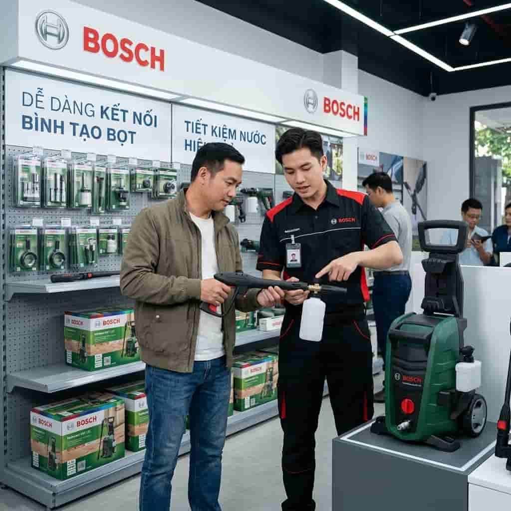 Kỹ thuật viên tư vấn combo phụ kiện máy rửa xe tiết kiệm nước tại showroom