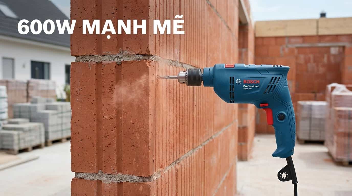 Bosch GSB 600 khoan tường gạch trong công trình dân dụng.