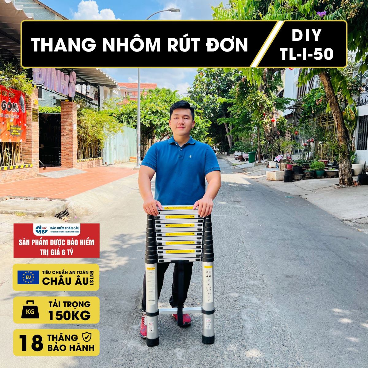 Thang nhôm rút 5m giá rẻ đa tài trong nhà ra vườn ngõ