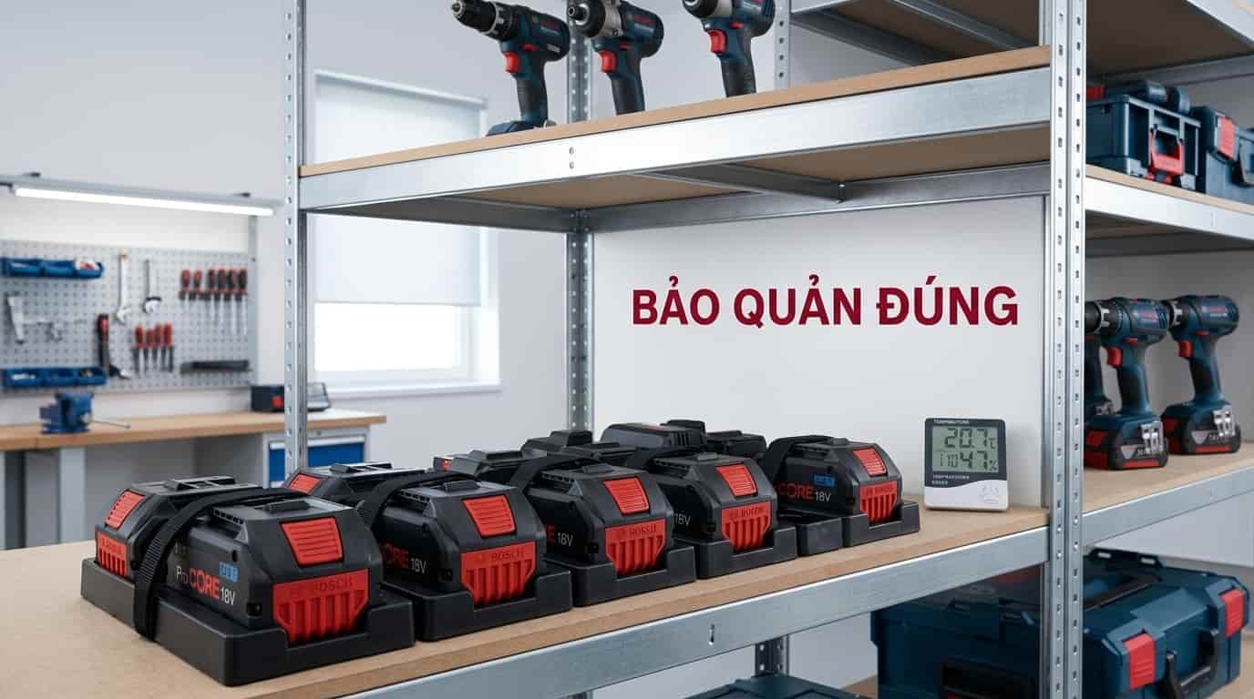 Bảo quản pin đúng nhiệt độ và đúng mức dung lượng giúp kéo dài tuổi thọ pin Bosch 18V.