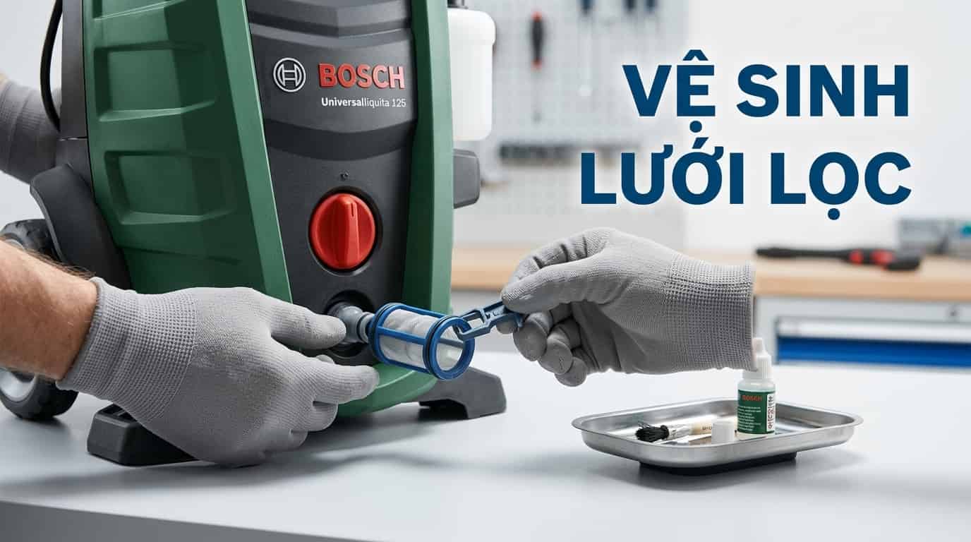 Vệ sinh lưới lọc đầu vào giúp Bosch AQT 125 duy trì lưu lượng nước và áp lực phun ổn định
