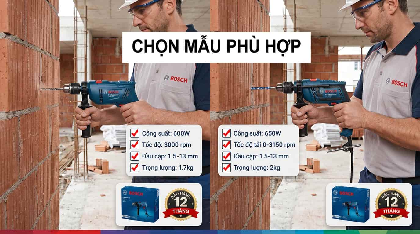 So sánh Bosch GSB 600 và Bosch GSB 13 RE trong công việc lắp đặt thực tế.