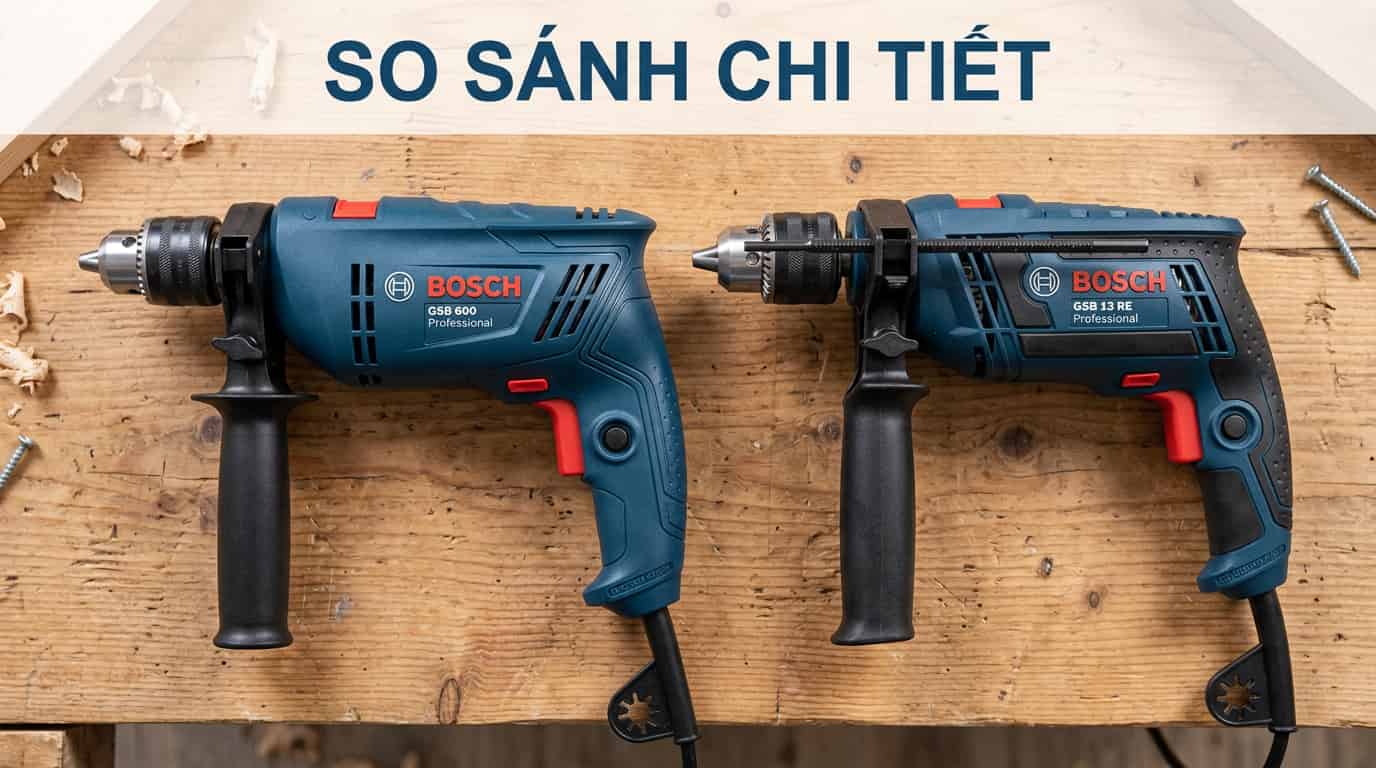 So sánh trực tiếp thiết kế của Bosch GSB 600 và Bosch GSB 13 RE.