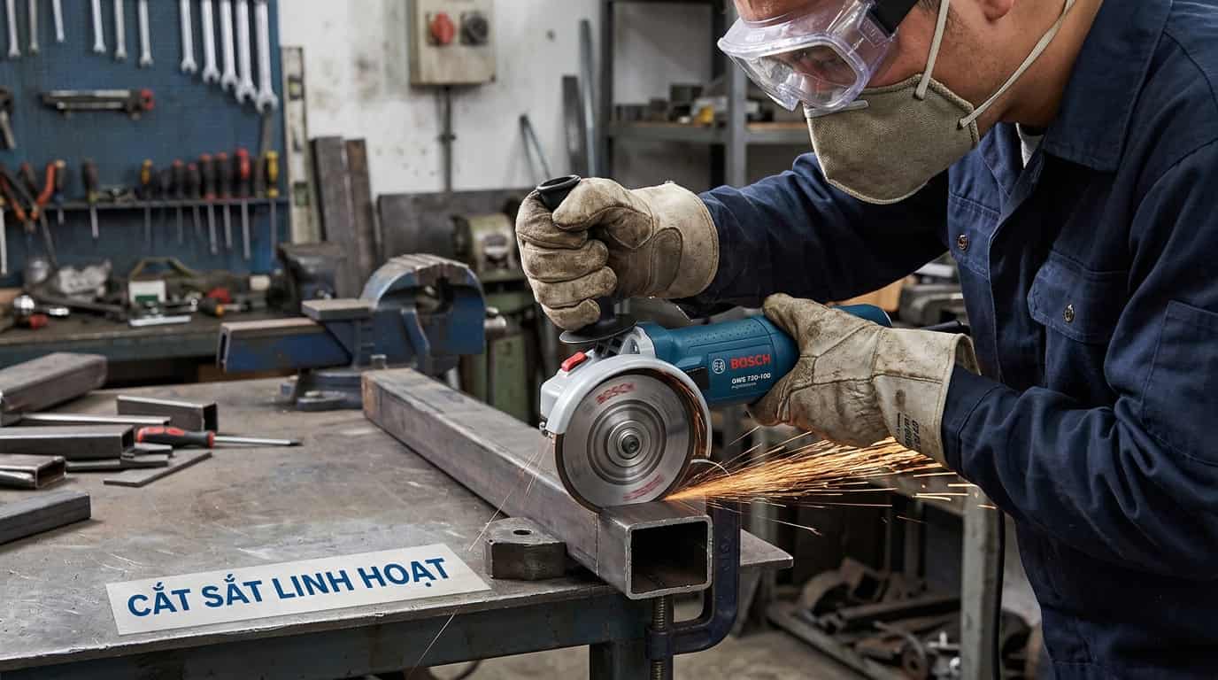Bosch GWS 750-100 cắt sắt hộp trong công việc cơ khí dân dụng.