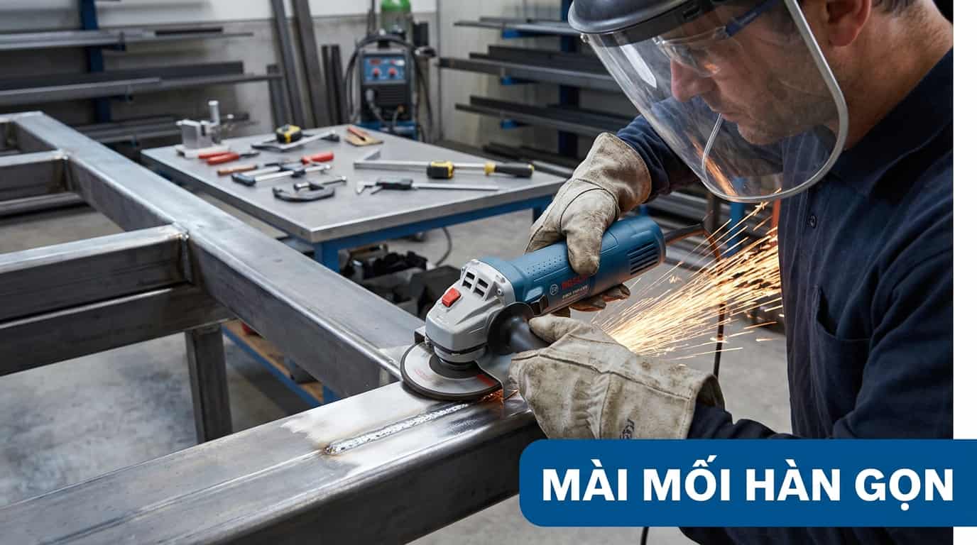 Máy Bosch GWS 750-100 xử lý mối hàn trên khung thép.