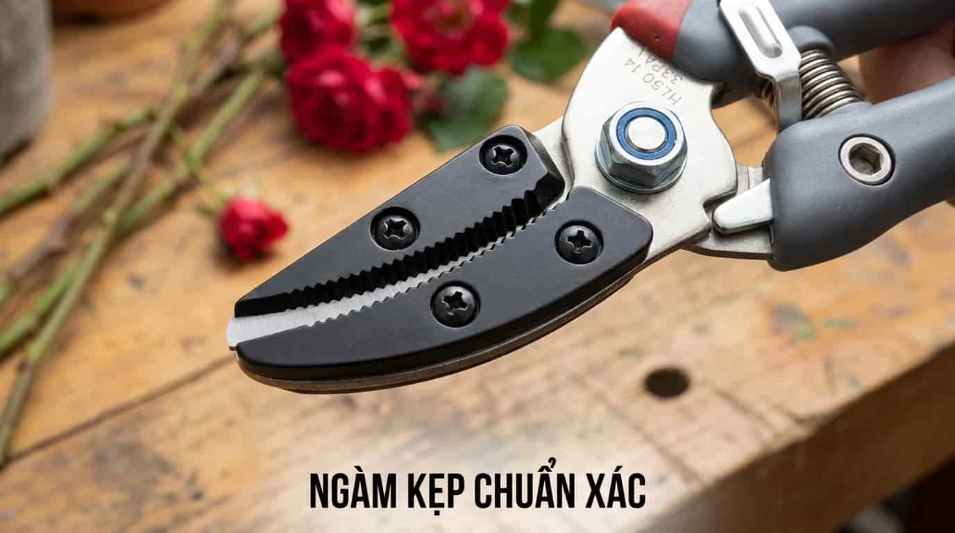 Cận cảnh lưỡi thép phủ flo và ngàm kẹp giữ cành của kéo Chikamasa TS-77HB