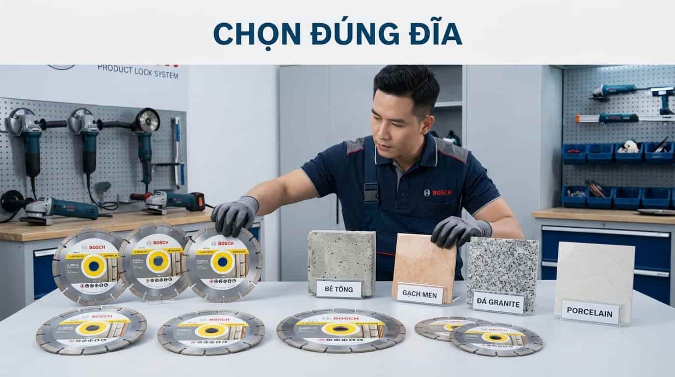 Mỗi loại vật liệu cần sử dụng đúng đĩa cắt kim cương để đạt hiệu quả tối ưu.