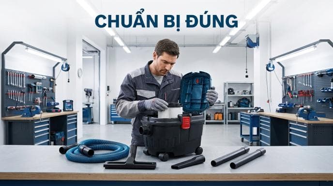Chuẩn bị đúng cấu hình trước khi hút nước giúp Bosch GAS 15 hoạt động an toàn và đạt hiệu quả cao.