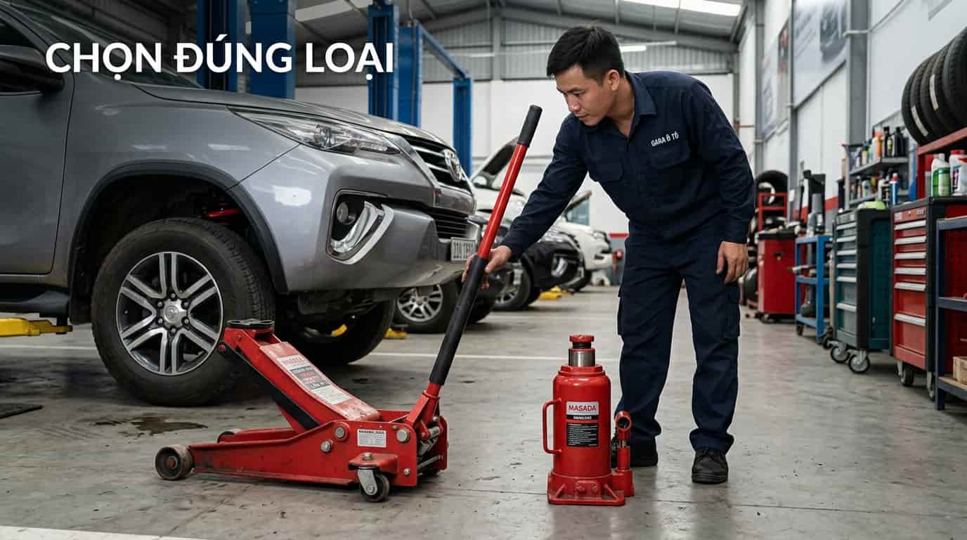 So sánh con đội chai và kích cá sấu trong garage ô tô.
