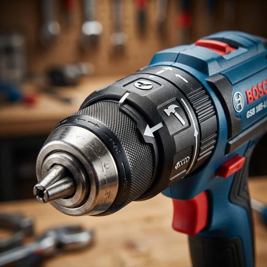 Đầu kẹp kim loại Autolock và vòng chỉnh chế độ của máy khoan pin Bosch