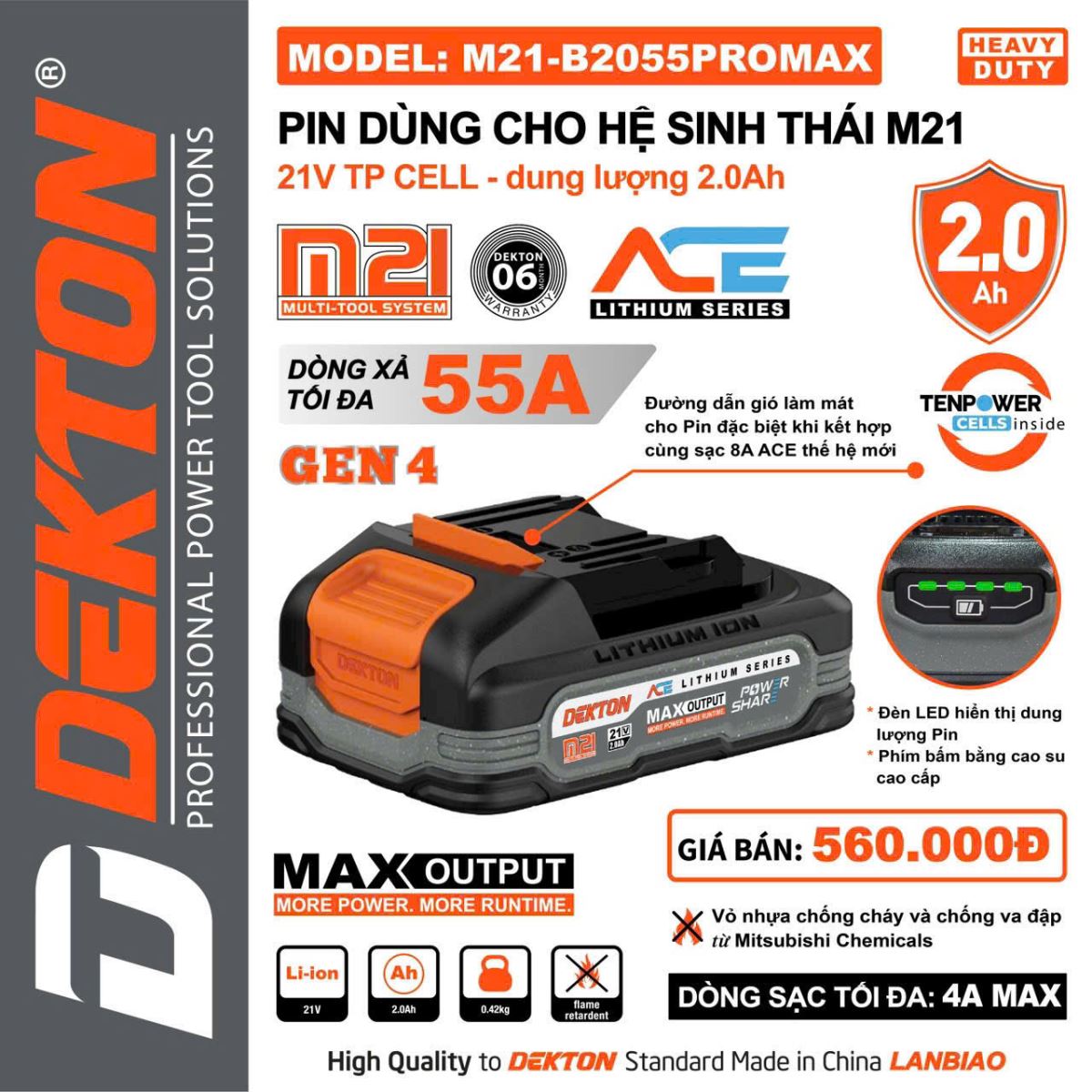 Pin Dekton 21V 2.0Ah M21-B2055PROMAX