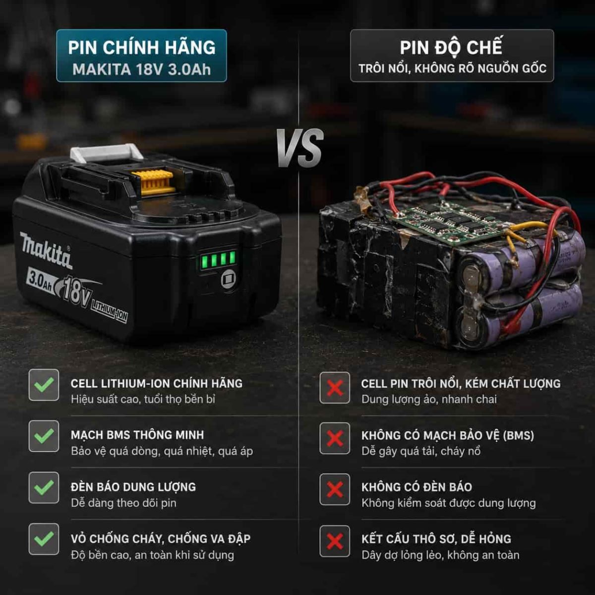 Sự khác biệt về độ chắc chắn giữa khối pin chính hãng và phôi pin tự đóng