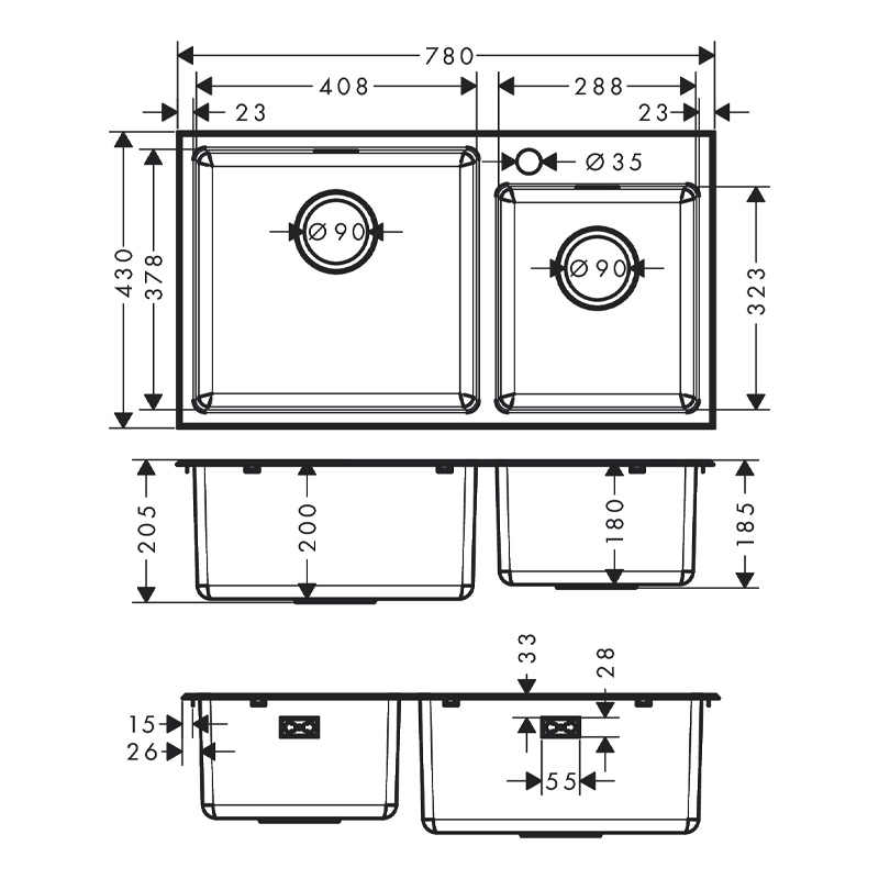 Chậu bếp đôi HANSGROHE Deep Drawn Sink S431-F730 43354