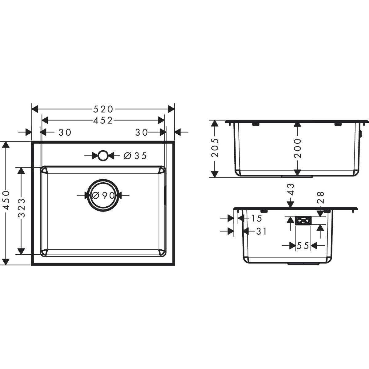 Chậu bếp đơn HANSGROHE Deep Drawn Sink S431-F400 43353