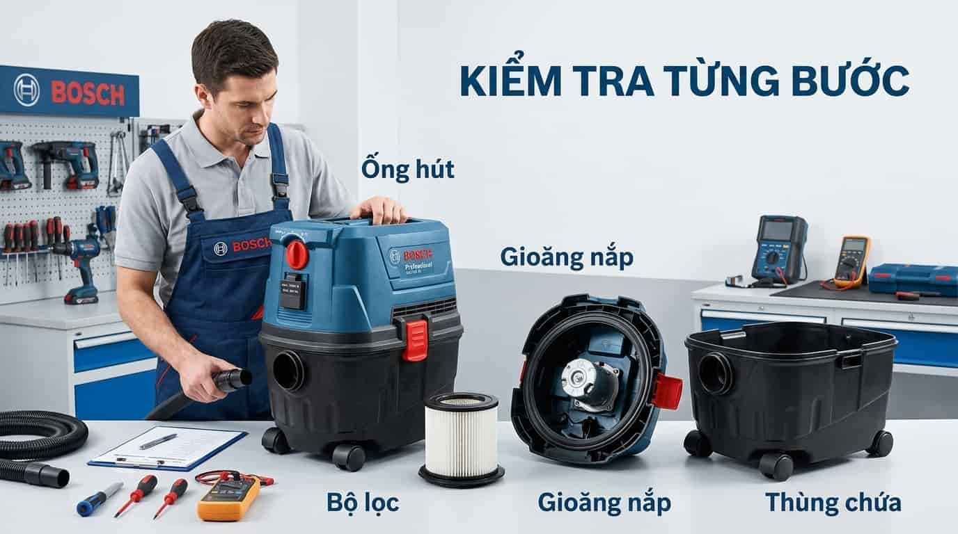 Kiểm tra từ đường hút, thùng chứa và bộ lọc trước khi nghi ngờ lỗi động cơ giúp tránh sửa chữa không cần thiết.