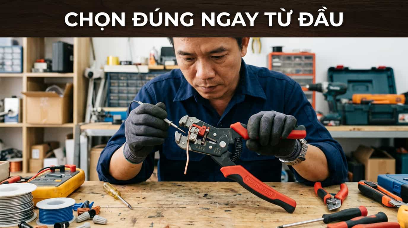 Người thợ kiểm tra chất lượng kìm tuốt dây trước khi lựa chọn.