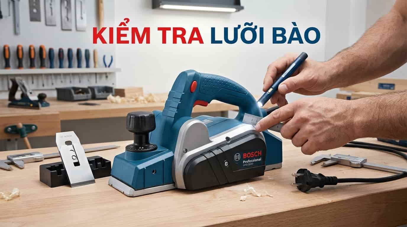 Kiểm tra độ sắc và vị trí lắp lưỡi trước khi bào giúp hạn chế vệt sâu và bề mặt không đồng đều.