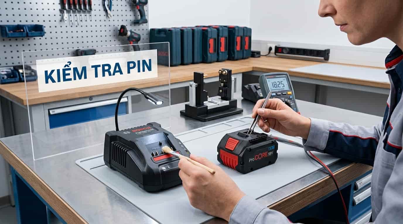 Kiểm tra pin và bộ sạc giúp xác định đúng nguyên nhân khiến pin Bosch 18V nhanh hết.