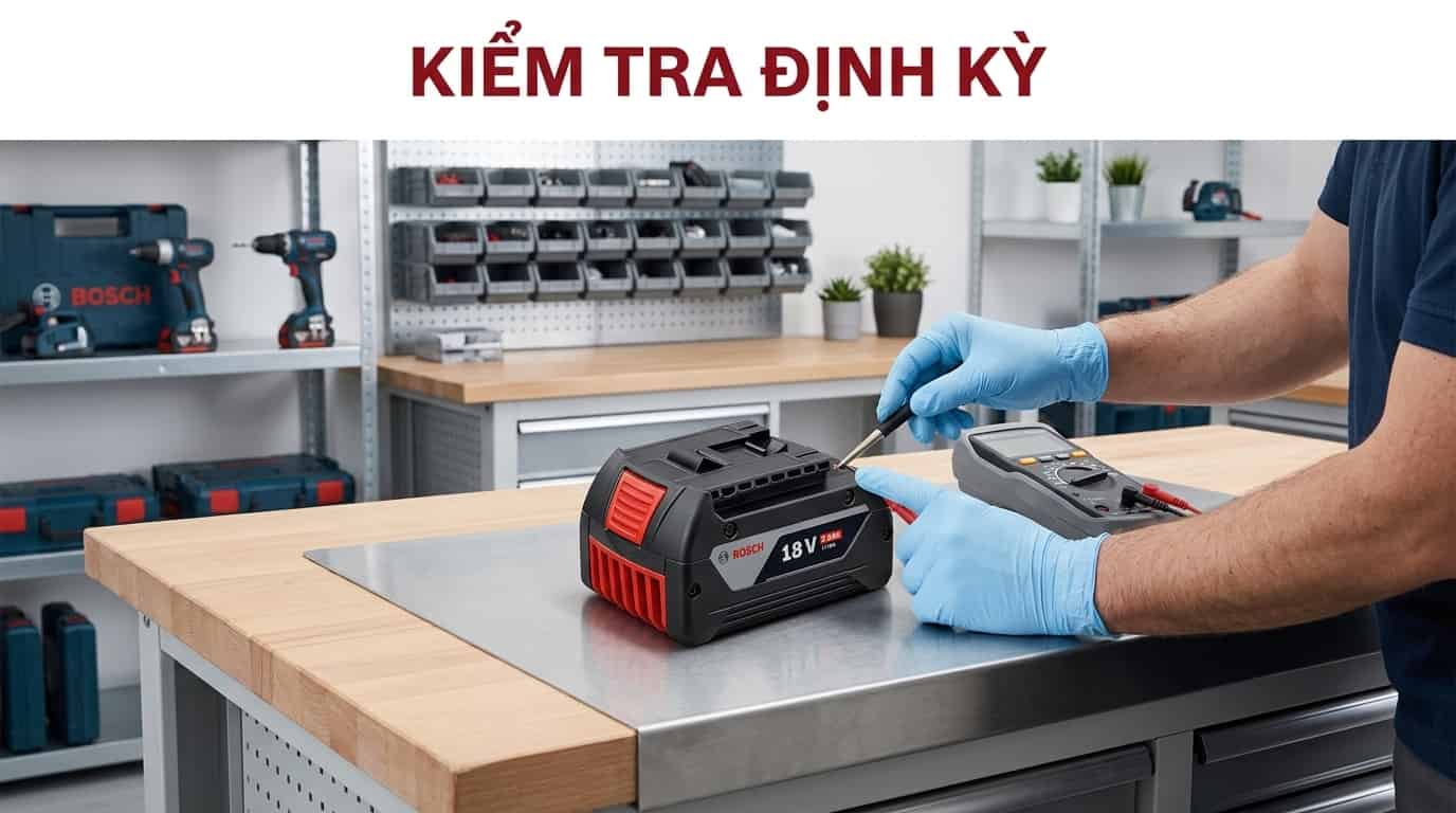 Kiểm tra pin định kỳ giúp phát hiện sớm tình trạng tự xả và duy trì tuổi thọ của pin Bosch 18V
