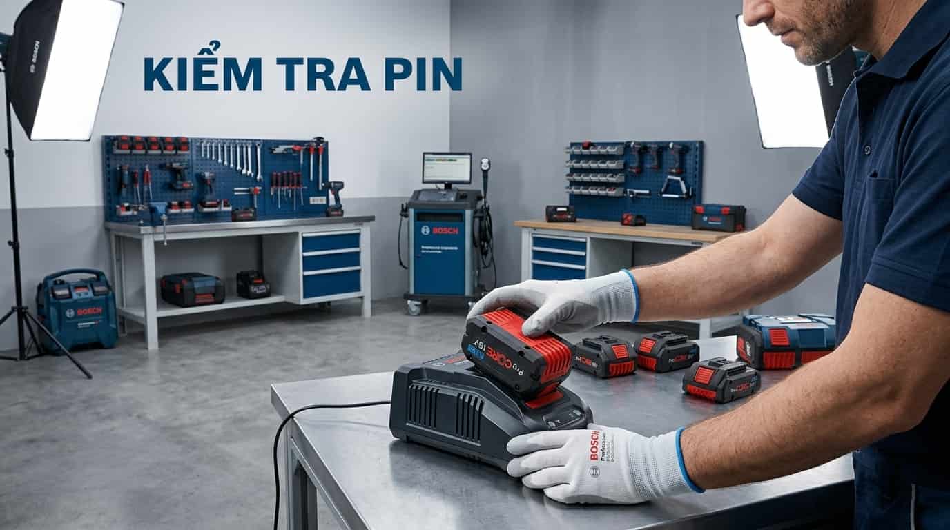 Kiểm tra pin và bộ sạc giúp xác định chính xác tình trạng pin Bosch 18V trước khi thay mới.