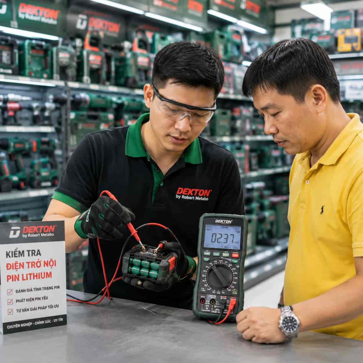 Kỹ thuật viên đang kiểm tra chất lượng pin máy khoan tại showroom chuyên nghiệp