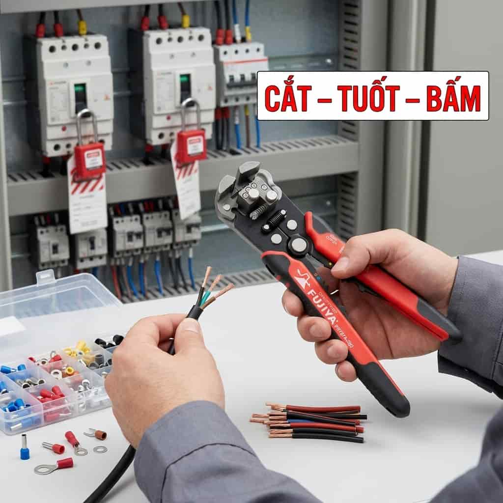 Kìm tuốt dây tự động Fujiya PP707A-200 dùng chuẩn bị dây và đầu nối điện