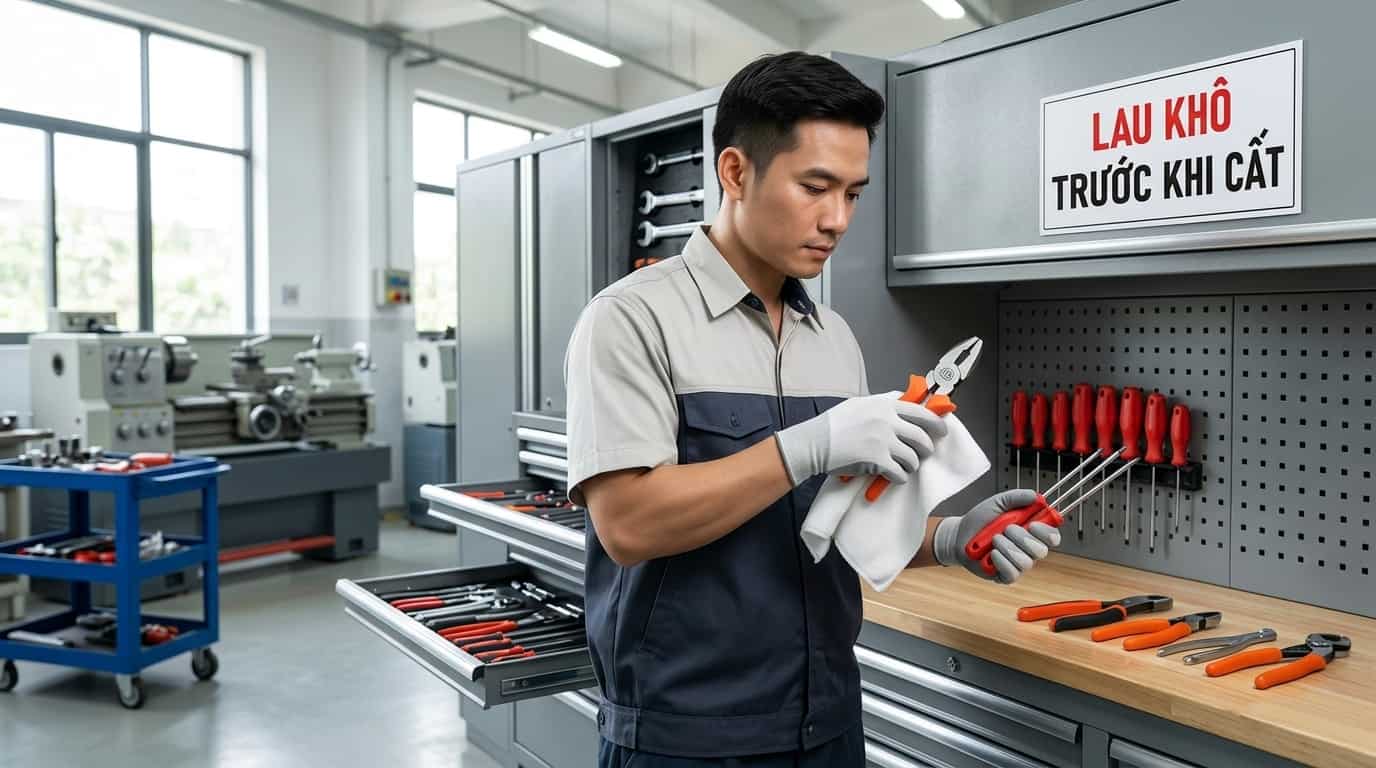 Kỹ thuật viên lau khô dụng cụ trước khi cất vào tủ đồ nghề.