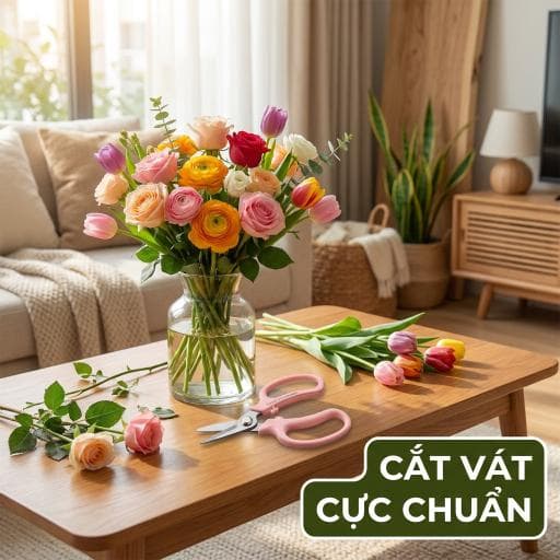 Tiết diện mặt cắt vát 45 độ phẳng mịn giúp cành hoa tăng khả năng hút nước