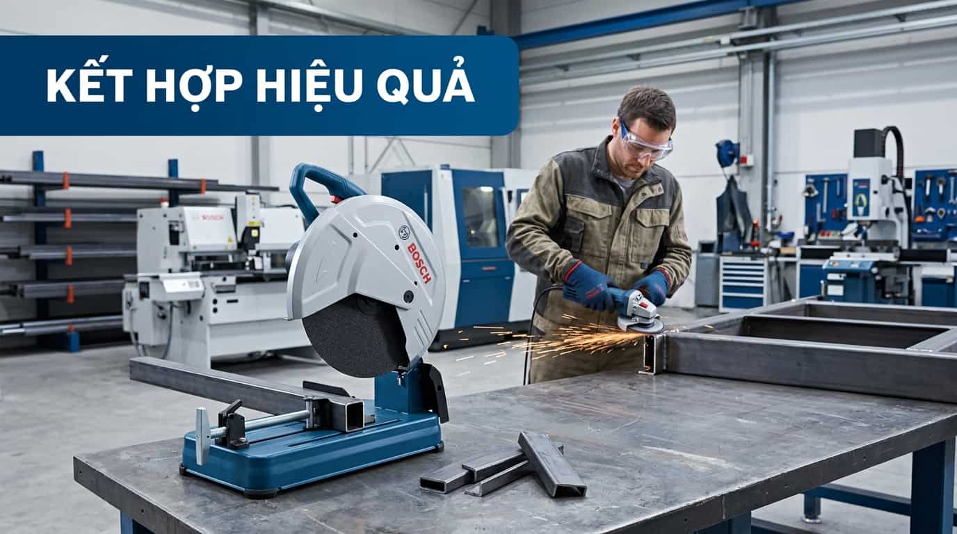 Máy cắt sắt và máy mài góc được sử dụng kết hợp trong xưởng cơ khí.