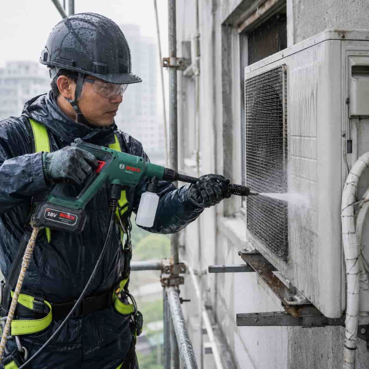 Sử dụng máy rửa xe dùng pin di động xịt rửa trên cao tiện lợi