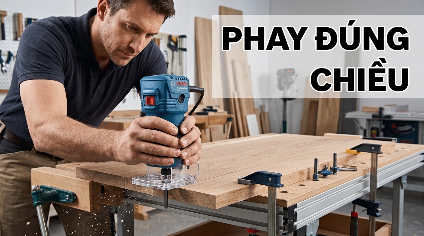 Đi đúng chiều và giữ đế máy ổn định giúp người dùng kiểm soát máy phay cạnh tốt hơn.