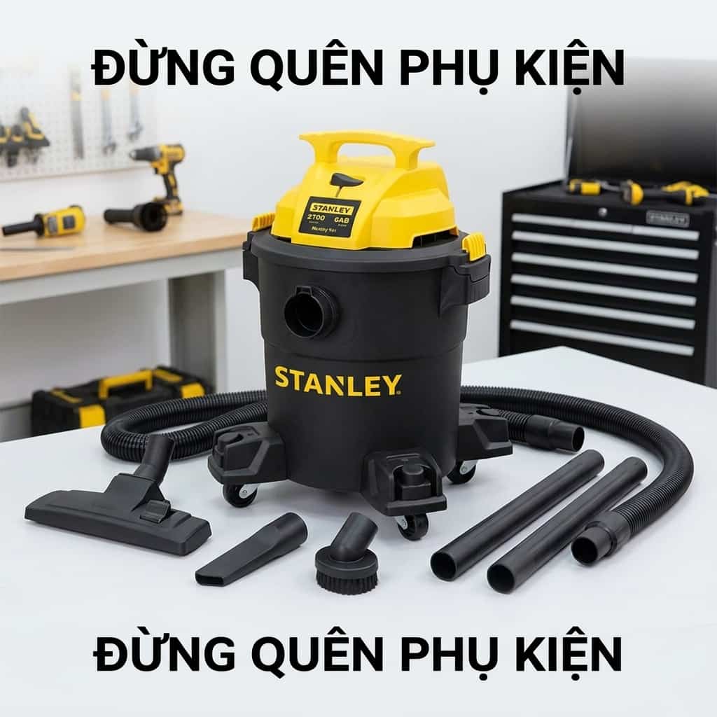 Trang bị đầy đủ hệ thống đầu hút và ống nối chuyên dụng của Stanley