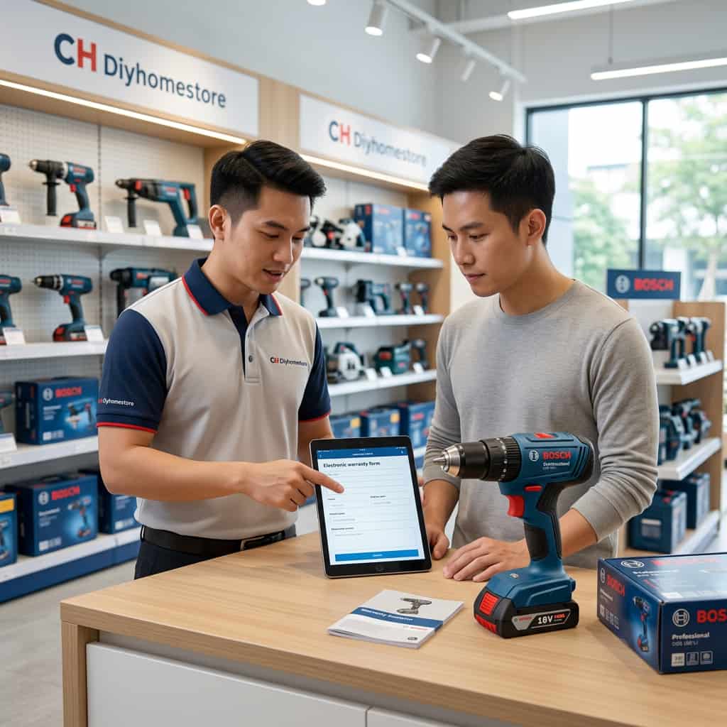 Khách hàng trải nghiệm và mua máy khoan pin Bosch chính hãng tại showroom