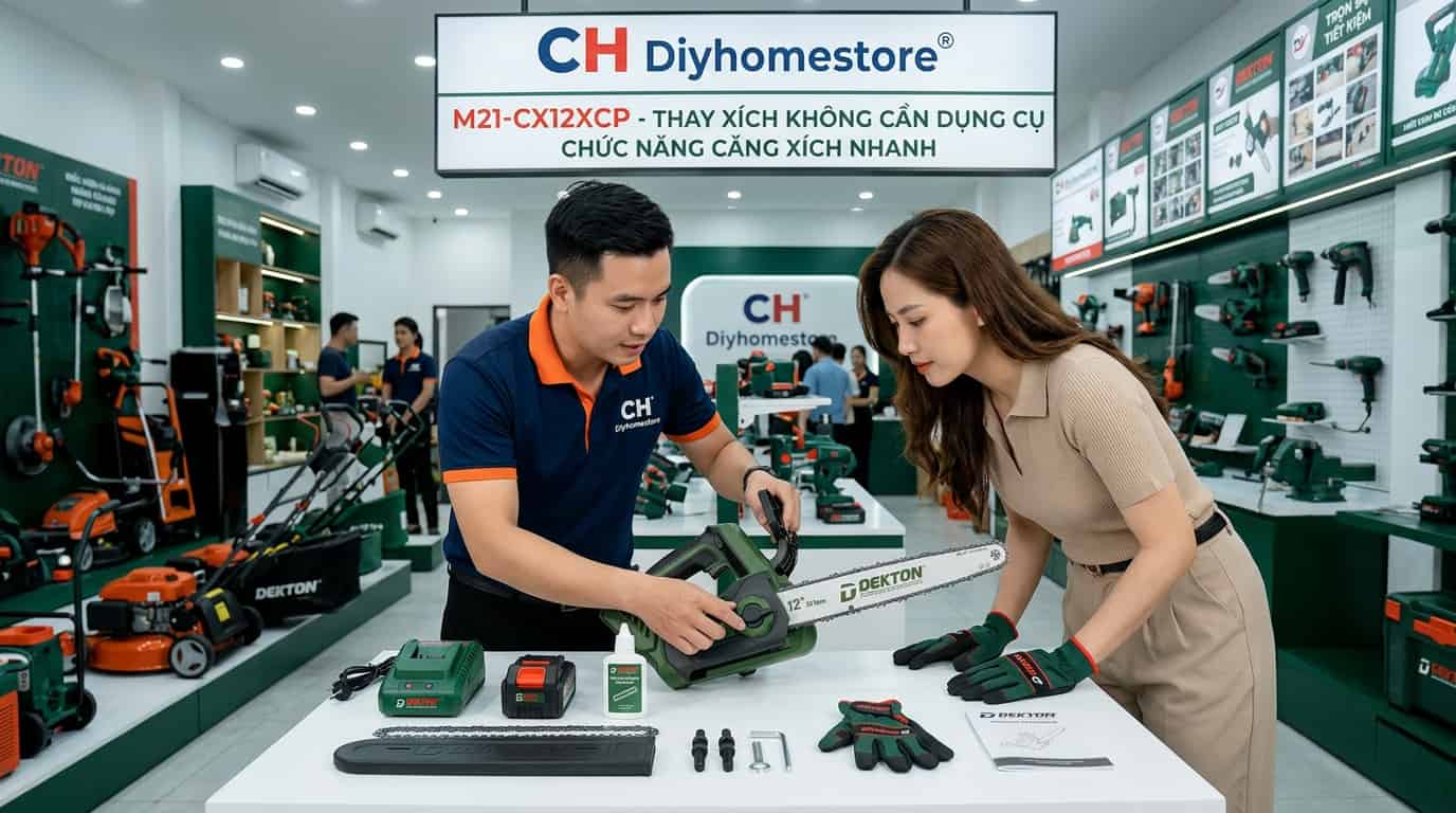 Khách hàng trải nghiệm thực tế dòng máy cưa xích pin Dekton tại cửa hàng dụng cụ